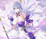  1girl absurdres aqua_eyes bare_shoulders blue_hair breasts cleavage detached_sleeves dress earrings freeeeeeeeeee gloves hair_between_eyes halo head_wings highres honkai:_star_rail honkai_(series) jewelry large_breasts long_hair looking_at_viewer open_mouth purple_hair robin_(honkai:_star_rail) short_sleeves smile solo strapless very_long_hair white_dress white_gloves wings 