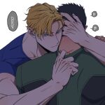  2boys ao_isami bara black_hair blonde_hair body_blush couple facial_hair finger_under_clothes hand_on_another&#039;s_head kobabayashi0704 lewis_smith looking_down male_focus multiple_boys muscular muscular_male sideburns_stubble stubble sweat thick_eyebrows translation_request undressing_another upper_body yaoi yuuki_bakuhatsu_bang_bravern 