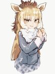  1girl animal_ears blonde_hair blush brown_hair cosplay cowboy_shot fur_collar giraffe_ears giraffe_girl giraffe_horns grey_jacket grey_skirt grey_wolf_(kemono_friends) grey_wolf_(kemono_friends)_(cosplay) hair_between_eyes highres horns jacket kemono_friends long_hair long_sleeves multicolored_hair plaid plaid_skirt pleated_skirt reticulated_giraffe_(kemono_friends) sidelocks skirt smile solo toki_reatle white_fur white_hair white_wrist_cuffs wrist_cuffs yellow_eyes 