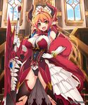  anneroze_siryou black_legwear blush breasts elbow_gloves fang gloves hand_on_hip horns large_breasts looking_at_viewer mel/a open_mouth orange_hair pointy_ears shingeki_no_bahamut solo sword tail thighhighs watermark weapon white_gloves yellow_eyes 