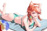  1girl :3 :d absurdres animal_ears ass ball barefoot beach_towel beachball bikini braid breasts cat_ears commentary_request elbow_rest fang green_bikini hairband hanho highres hololive hololive_english large_breasts looking_at_viewer lying on_stomach open_mouth orange_hair pink_eyes smile solo swimsuit takanashi_kiara takanashi_kiara_(casual) the_pose towel twin_braids virtual_youtuber white_hairband 