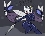 2024 arthropod belly black_body black_text blush blush_lines bodily_fluids breasts clothing collar collar_only covering covering_breasts cracked cracks digital_media_(artwork) dragon-heart english_text exclamation_point featureless_feet feet female hi_res holding_melee_weapon holding_object holding_sword holding_weapon hollow_knight melee_weapon nail_(weapon) nude pupils solo sweat sweatdrop sword team_cherry text thick_thighs torn_clothing vessel_(species) weapon widow_(dragon-heart) wings