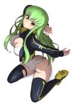  1girl absurdres alice_gear_aegis ass black_jacket black_thighhighs breasts c.c. circle_cutout cleavage cleavage_cutout clothing_cutout code_geass companion/af covered_collarbone front_zipper full-length_zipper full_body green_hair highleg highleg_leotard highres hutokumi jacket kneeling leotard long_hair medium_breasts race_queen sleeveless_turtleneck_leotard solo thighhighs turtleneck turtleneck_leotard two-tone_leotard white_leotard yellow_eyes zipper zipper_leotard zipper_pull_tab 