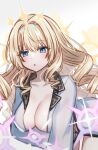  1girl blonde_hair blue_eyes blush breast_hold breasts collarbone cowboy_shot crown_(naked_king)_(nikke) crown_(nikke) drill_hair goddess_of_victory:_nikke highres hoshino_hikari large_breasts leaning_forward long_hair long_sleeves looking_at_viewer naked_robe official_alternate_costume open_clothes open_robe parted_lips robe simple_background solo sparkle sparkle_hair_ornament twisted_hair white_background white_robe 