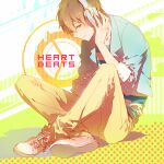  1boy blue_jacket blue_shirt blue_sleeves brown_eyes brown_hair brown_pants closed_mouth cloud coattails collarbone collared_jacket commentary_request cross-laced_footwear crossed_ankles english_text full_body green_background hand_on_headphones heart_beats_(vocaloid) indie_utaite jacket long_sleeves looking_at_viewer male_focus pants pink_footwear polka_dot rella shadow shirt shoes shoose short_hair sitting sleeves_past_elbows smile sneakers solo song_name striped_background striped_clothes striped_shirt two-tone_background two-tone_shirt utaite water_drop white_background white_headphones white_shirt 