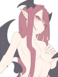  1girl :/ areola_slip black_wings blush breast_suppress breasts cleavage closed_mouth commentary_request completely_nude demon_girl demon_tail demon_wings expressionless from_below garasuno hair_intakes hair_over_breasts hair_over_one_breast head_tilt head_wings koakuma long_hair looking_at_viewer looking_down medium_bangs medium_breasts muted_color navel nude pointy_ears red_eyes red_hair sidelocks simple_background solo tail touhou upper_body white_background wing_censor wings 