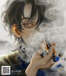  1boy artist_name black_hair black_shirt brown_eyes cigarette fingernails hair_between_eyes haruwosi highres holding holding_cigarette looking_to_the_side male_focus mole mole_under_eye original portrait qr_code shirt sidelocks smoke smoking solo 