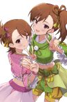  2girls :d absurdres brown_hair commentary_request detached_sleeves double_v futami_ami futami_mami green_sleeves highres idolmaster idolmaster_(classic) idolmaster_million_live! idolmaster_million_live!_theater_days looking_at_viewer midriff multiple_girls open_mouth pink_sleeves red_eyes shuucream_(syuichi) siblings side_ponytail simple_background sisters smile standing twins v white_background 