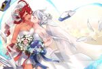  2girls ahoge bit_(gundam) bouquet bridal_veil closed_eyes commentary_request dress feathers grey_hair gundam gundam_suisei_no_majo highres imminent_kiss long_hair low_ponytail miorine_rembran mitsu_(tendou_itsuki) multiple_girls red_hair smile suletta_mercury thick_eyebrows veil wedding_dress white_feathers wife_and_wife yuri 