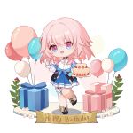  1girl ankle_boots balloon birthday_cake black_choker black_corset black_footwear blue_eyes blue_jacket blue_skirt boots box bra_strap buttons cake camera candle chibi chinese_commentary choker commentary_request corset dress_shirt english_text food gift gift_box happy_birthday highres honkai:_star_rail honkai_(series) huang_tie_lin jacket long_sleeves march_7th_(honkai:_star_rail) medium_hair miniskirt open_mouth pink_eyes pink_hair pink_jacket pink_pupils pleated_skirt shirt skirt smile solo thigh_strap tied_jacket underbust white_shirt 