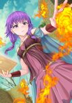  1girl bare_shoulders blush book breasts cape closed_mouth cloud cloudy_sky commission dress dutch_angle fire fire_emblem fire_emblem:_the_sacred_stones highres holding holding_book jewelry looking_at_viewer lute_(fire_emblem) medium_hair pink_dress purple_eyes purple_hair rock skeb_commission sky sleeveless sleeveless_dress small_breasts solo tight_clothes tight_dress twintails zenrakishi 
