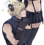  1boy 1girl black_gloves black_skirt black_sweater black_thighhighs blonde_hair blue_eyes brown_gloves closed_mouth clothes_lift cloud_strife couple crop_top final_fantasy final_fantasy_vii final_fantasy_vii_remake fingerless_gloves gloves hand_in_another&#039;s_hair hetero kneeling lifting_another&#039;s_clothes lower_body midriff miniskirt navel out_of_frame pudelmudel ribbed_sweater short_hair simple_background skirt skirt_lift sleeveless sleeveless_sweater submission suspenders sweater thighhighs tifa_lockhart white_background zettai_ryouiki 