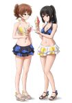  2girls absurdres bikini bikini_skirt black_hair breasts brown_eyes brown_hair cleavage closed_mouth feet floral_print food full_body hibike!_euphonium high_ponytail highres holding holding_food holding_ice_cream ice_cream ice_cream_cone kousaka_reina legs leo_queval long_hair looking_at_another looking_at_food matching_outfits medium_breasts mismatched_bikini multiple_girls navel open_mouth oumae_kumiko pointing print_bikini purple_eyes sandals short_hair short_ponytail side_ponytail simple_background small_breasts soft_serve standing stomach swimsuit toenails toes white_background 