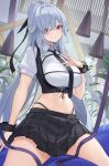  1girl alternate_costume black_necktie black_skirt breasts catsmoon commentary crop_top detached_sleeves grey_hair hair_between_eyes hair_intakes high_ponytail highres honkai:_star_rail honkai_(series) jingliu_(honkai:_star_rail) large_breasts long_hair midriff miniskirt navel necktie pink_eyes pleated_skirt ponytail short_sleeves sitting skirt solo stomach thighs very_long_hair wrist_cuffs 