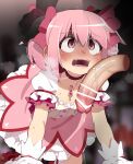  1boy 1girl ^^^ absurdres all_fours bar_censor blurry blurry_background blush bow censored chest_jewel choker commentary disembodied_penis dress english_commentary frilled_socks frills gloom_(expression) gloves hair_between_eyes hair_bow hetero highres imminent_rape kaname_madoka kaname_madoka_(magical_girl) large_penis magical_girl mahou_shoujo_madoka_magica mixed-language_commentary mizumizuni open_mouth penis penis_on_face pink_bow pink_dress pink_eyes pink_hair puffy_short_sleeves puffy_sleeves red_choker red_footwear saliva short_dress short_hair short_sleeves short_twintails socks steaming_body sweat tearing_up tears twintails variant_set veins veiny_penis white_gloves white_sleeves white_socks 