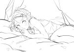  1girl blanket camisole highres lineart long_hair looking_at_viewer lying messy_hair monochrome on_bed pointy_ears princess_zelda sketch solo ten_1397xx the_legend_of_zelda the_legend_of_zelda:_breath_of_the_wild thighs 