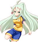  bad_id bad_pixiv_id breasts chihaya_miyabi green_eyes green_hair inazuma_eleven_(series) inazuma_eleven_go inazuma_eleven_go_chrono_stone lightning_bolt long_hair manto_(inazuma_eleven) medium_breasts raimon raimon_soccer_uniform simple_background soccer_uniform solo sportswear very_long_hair white_background 