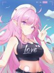  1girl absurdres ahoge armpits bare_shoulders belt bird black_shirt breasts cleavage cloud cloudy_sky collarbone dry1115769981 elf elysia_(herrscher_of_human:ego)_(honkai_impact) elysia_(honkai_impact) english_text hair_ornament hand_up hat heart highres honkai_(series) honkai_impact_3rd large_breasts long_hair looking_at_viewer midriff navel pink_eyes pink_hair pink_pupils pointy_ears shirt sky sleeveless smile timestamp very_long_hair viewfinder white_hat 