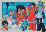  1boy 1girl absurdres artist_name black_footwear black_gloves black_hair black_sleeves blue_eyes blue_hair boots chibi commentary crossover cup detached_sleeves disposable_cup english_commentary gloves grey_jacket hat hatsune_miku high_collar highres holding holding_cup jacket long_hair monkey_d._luffy multiple_views one_piece red_footwear red_gloves red_jacket sainttufa short_hair sleeveless sleeveless_jacket sparkling_eyes star_(symbol) straw_hat twintails v very_long_hair vocaloid 