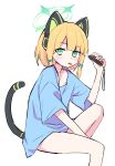 1girl :p absurdres animal_ear_headphones animal_ears arm_between_legs bare_legs black_tail blonde_hair blue_archive blue_bow blue_shirt blush bow cat_tail closed_mouth collarbone commentary_request controller dot_nose elbow_on_knee fake_animal_ears foot_out_of_frame game_controller green_eyes green_halo hair_bow halo hand_up headphones highres holding holding_controller holding_game_controller joy-con knee_up looking_at_viewer looking_to_the_side low-tied_sidelocks medium_hair midori_(blue_archive) morphling_(artist) oversized_clothes oversized_shirt parted_bangs raised_eyebrows shirt short_sleeves simple_background sitting solo tail tail_raised thighs three_quarter_view tongue tongue_out turning_head white_background wide_sleeves 