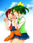  ;d clothes_around_waist cloud green_eyes green_hair green_neckwear hino_akane_(smile_precure!) midorikawa_nao multiple_girls nanairogaoka_middle_school_uniform necktie one_eye_closed open_mouth ponytail precure red_eyes red_hair school_uniform short_hair sky sleeves_rolled_up smile smile_precure! sweater sweater_around_waist sweater_vest yuzucky 