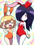  2girls ^_^ ahoge ameonna_(youkai_watch) animal_ears blonde_hair blush_stickers bow bowtie closed_eyes egg fake_animal_ears frown hair_over_one_eye hareonna leotard long_hair mother_and_daughter multiple_girls nollety open_mouth orange_leotard pantyhose playboy_bunny purple_hair rabbit_ears red_eyes red_leotard short_hair strapless strapless_leotard wrist_cuffs youkai_(youkai_watch) youkai_watch youkai_watch_4 
