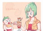 1boy 1girl amachu_a aqua_hair artist_name baby bib blue_eyes bob_cut breasts bulma cleavage commentary cropped_vest dragon_ball dragon_ball_z feeding food fruit highres holding holding_spoon horned_hat ice_cream medium_breasts mother_and_son open_mouth purple_hair smile spoon strawberry sundae trunks_(dragon_ball) vest yellow_vest 