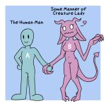 1:1 anthro blue_background blue_body blue_skin breasts claws digitigrade dot_eyes english_text featureless_breasts female hand_holding hand_on_hip hand_on_own_hip heart_symbol human knees_together male male/female mammal monster navel pink_body pink_skin pointed_tail raspberry-joe sharp_teeth ship_dynamics_(meme) simple_background standing teeth text unknown_species