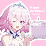  1girl bare_shoulders birthday birthday_cake blue_eyes blue_hair cake candle chi_ka chinese_commentary colored_tips commentary english_text food happy_birthday highres honkai:_star_rail honkai_(series) looking_at_viewer march_7th_(dress)_(honkai:_star_rail) march_7th_(honkai:_star_rail) medium_hair multicolored_hair official_alternate_costume one_eye_closed open_mouth outline pink_background pink_eyes pink_hair pink_pupils smile solo teeth tiara upper_teeth_only white_outline 