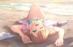  1girl aqua_eyes arms_up beach bikini bottle brown_hair collarbone crossed_bangs exhausted frilled_bikini frills game_cg hair_ornament hairclip highres hinoshita_kaho horizon jacket jacket_over_swimsuit knees_up link!_like!_love_live! looking_at_viewer love_live! low_twintails lying medium_hair official_art on_back one_eye_closed open_clothes open_jacket open_mouth pink_jacket sand shell shore solo swimsuit thigh_gap third-party_source towel twintails virtual_youtuber water_bottle yellow_bikini 