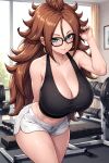  absurdres ai-generated android_21 black_nails blue_eyes breasts brown_hair commentary crop_top dragon_ball earrings evodubeai glasses highres jewelry long_hair md5_mismatch self-upload shorts thick_thighs thighs workout_clothes 