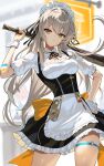  1girl apron baseball_bat blush breasts commentary_request dress grey_hair honkai:_star_rail honkai_(series) long_hair looking_at_viewer maid_headdress medium_breasts revision scottie_(phantom2) solo stelle_(honkai:_star_rail) thighs trailblazer_(honkai:_star_rail) yellow_eyes 