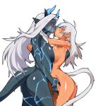 2024 armor axlcrow big_breasts blue_eyes blue_highlights blush bodily_fluids breast_squish breasts breasts_frottage butt demon duo eyebrows female female/female fingering glistening glistening_body glistening_breasts glistening_skin hair hi_res highlights_(coloring) humanoid humanoid_pointy_ears kissing long_hair nude squish sweat tail tailed_humanoid tongue vaginal vaginal_fingering vambrace white_hair