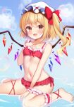  1girl bikini blonde_hair blush bow commentary_request corrupted_twitter_file crystal fang flandre_scarlet flat_chest frilled_anklet frilled_bikini frilled_wrist_cuffs frills hair_bow hand_on_own_chest hat hat_ribbon heart_bubbles highres looking_at_viewer medium_hair mob_cap multicolored_wings navel one_side_up open_mouth red_bikini red_bow red_eyes ribbon shirotsuki_shirone side-tie_bikini_bottom side_ponytail sitting skin_fang smile solo swimsuit thigh_strap touhou wariza water white_hat wings wrist_cuffs 