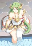  1girl artist_logo automatic_giraffe bare_shoulders belt breasts brown_belt chain circlet cleavage closed_mouth dress forehead_jewel from_above gold gold_necklace green_hair hair_ornament jewelry kid_icarus kid_icarus_uprising large_breasts long_hair looking_at_viewer necklace palutena red_eyes single_thighhigh sitting smile soaking_feet stone_floor thighhighs thighs vambraces very_long_hair water white_dress white_thighhighs 