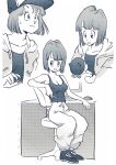  1boy 1girl amachu_a artist_name baby bob_cut breasts bulma carrying chair cigarette cleavage commentary dragon_ball dragon_ball_z greyscale highres holding holding_cigarette hood hoodie keyboard_(computer) medium_breasts monitor monochrome mother_and_son mouse_(computer) office_chair pants short_hair sitting sweatdrop sweatpants swivel_chair table tank_top trunks_(dragon_ball) 