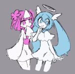 agpgwm angel angel_humanoid asian_clothing blue_eyes blue_hair clothing duo east_asian_clothing female ghost hair halo hatsune_miku hitaikakushi humanoid japanese_clothing kimono pepoyo pink_eyes pink_hair smile smiling_at_viewer spirit vocaloid vy1 white_body white_skin wings yurei