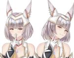  1girl absurdres animal_ear_fluff animal_ears bare_shoulders breasts cat_ears cat_girl chest_jewel cleavage collarbone commentary finger_to_mouth gold_trim grey_hair highres index_finger_raised medium_hair multiple_views nia_(xenoblade) simple_background succducc888 white_background xenoblade_chronicles_(series) xenoblade_chronicles_3 yellow_eyes 