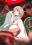  1girl antlers barefoot blonde_hair blue_shirt dragon_girl dragon_horns dragon_tail feet foot_focus green_tail highres holding holding_smoking_pipe horns kicchou_yachie looking_at_viewer monster_girl nail_polish onikoroshi open_mouth red_eyes red_nails shirt short_hair smoke smoking smoking_pipe square_neckline tail toenail_polish toenails toes touhou turtle_shell yellow_horns 
