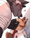 alex_(kamyuelo) anthro blush canid canine canis duo eye_contact fox heart_symbol hi_res kamyuelo looking_at_another male male/male mammal necktie raymond_(kamyuelo) size_difference wolf