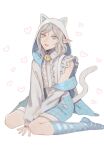  1boy androgynous animal_ears bell blue_shorts cat_boy cat_ears cat_tail dungeon_meshi elf frilled_sleeves frills grey_eyes grey_hair highres hood jacket jacket_partially_removed kabe_piko kemonomimi_mode long_sleeves looking_at_viewer male_focus medium_hair mithrun neck_bell pointy_ears shirt shorts simple_background sitting smile socks striped_clothes striped_socks suspenders tail wariza white_background white_hair 