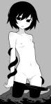  1girl akableak arms_at_sides assisted_exposure black_eyes black_hair black_pants bob_cut bound bound_arms breasts cleft_of_venus clothes_pull collarbone commentary cowboy_shot empty_eyes english_commentary grey_background greyscale groin hair_between_eyes high_contrast highres hip_bones light_blush light_frown looking_at_viewer monochrome monogatari_(series) navel nipples no_panties oshino_ougi pants pants_pull parted_lips pussy short_hair simple_background small_breasts solo standing tentacles topless uncensored wading 