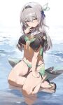  1girl absurdres adapted_costume bad_anatomy bad_leg berserker_r bikini bikini_bottom_only black_hairband breasts commentary_request firefly_(honkai:_star_rail) green_bikini grey_hair hairband highres honkai:_star_rail honkai_(series) large_breasts long_hair looking_at_viewer navel neckerchief ocean orange_neckerchief sandals sitting sitting_on_water solo swimsuit thigh_strap thighs underboob water yokozuwari 