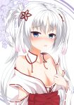  1230_mochi 1girl absurdres blue_eyes blush breasts cleavage collarbone flower hair_ornament highres japanese_clothes long_hair looking_at_viewer open_mouth senren_banka simple_background solo tomotake_yoshino twintails very_long_hair white_background white_hair yuzu-soft 