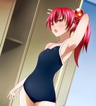  arm_behind_head armpits bad_id bad_pixiv_id blue_eyes highres locker long_hair one-piece_swimsuit open_mouth original ponytail ram_(ramlabo) red_hair school_swimsuit solo swimsuit 