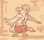 animancer back backsack balls bottomwear bulge butt clothing crouching domestic_pig furgonomics genitals hi_res mammal muscular shorts suid suina sus_(pig) tail tail_clothing tail_sleeve warthog