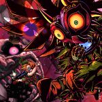  1girl 1other 3boys falling green_tunic highres holding_ocarina horned_mask link majora_(entity) mask mihanada-totsuki moon_(zelda) multiple_boys phrygian_cap pointed_footwear skull_kid tael tatl the_legend_of_zelda the_legend_of_zelda:_majora&#039;s_mask young_link 