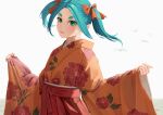  1girl absurdres alternate_costume aqua_hair bow closed_mouth expressionless floral_print green_eyes hair_bow hakama hakama_skirt highres japanese_clothes kimono monogatari_(series) nemo_ringo ononoki_yotsugi orange_bow orange_kimono red_hakama simple_bird skirt solo thick_eyebrows twintails 