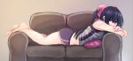  1girl artist_request ass barefoot black_hair bow breasts commentary couch english_commentary hair_between_eyes hair_bow highres large_breasts legs long_hair lying midriff noihara_himari omamori_himari on_couch on_stomach pillow pink_bow ponytail purple_eyes shirt short_shorts shorts solo 