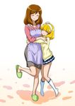  apron bangs blonde_hair blunt_bangs blush brown_hair cardigan closed_eyes hairband hand_on_another's_head hug joy_ride kise_chiharu kise_yayoi long_hair mother_and_daughter multiple_girls nanairogaoka_middle_school_uniform petting precure school_uniform short_hair skirt sleeves_pushed_up slippers smile smile_precure! standing standing_on_one_leg sweater white_hairband 